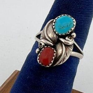 Navajo Sterling Silver Turquoise Coral Ring
